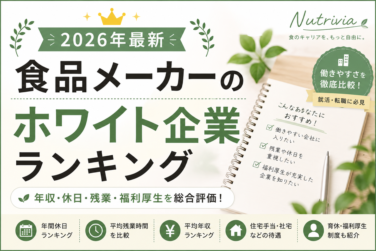 食品メーカーのホワイト企業を探すポイントを解説。年間休日、残業、平均年収、住宅手当、福利厚生など、就職・転職前に確認したい条件や大手食品メーカーの比較方法を紹介します。